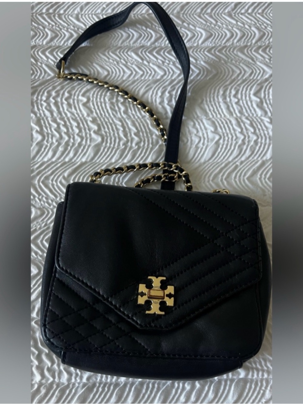 Tory Burch Black Quilted Leather Crossbody with Gold Logo